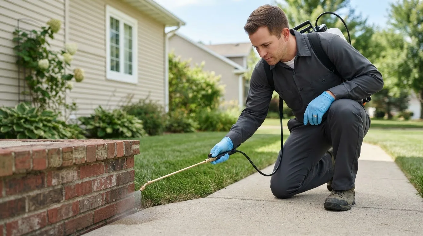 Pest control technician treating a home near Fowler, MI
