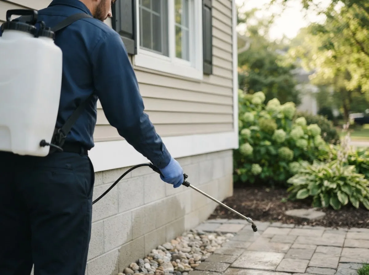 Pest control technician inspecting a home in Fowler, MI